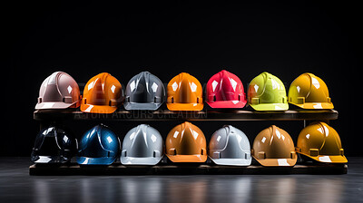 Buy stock photo Studio shot of multi-colour hard hats on black backdrop.
Construction, labour day concept.