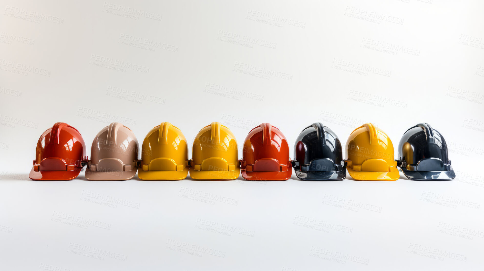 Buy stock photo Studio shot of multi-colour hard hats on clear backdrop.
Construction, labour day concept.