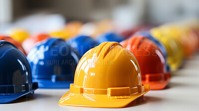 Close up of yellow hard hat, helmet on factory floor. Construction, labour day concept.