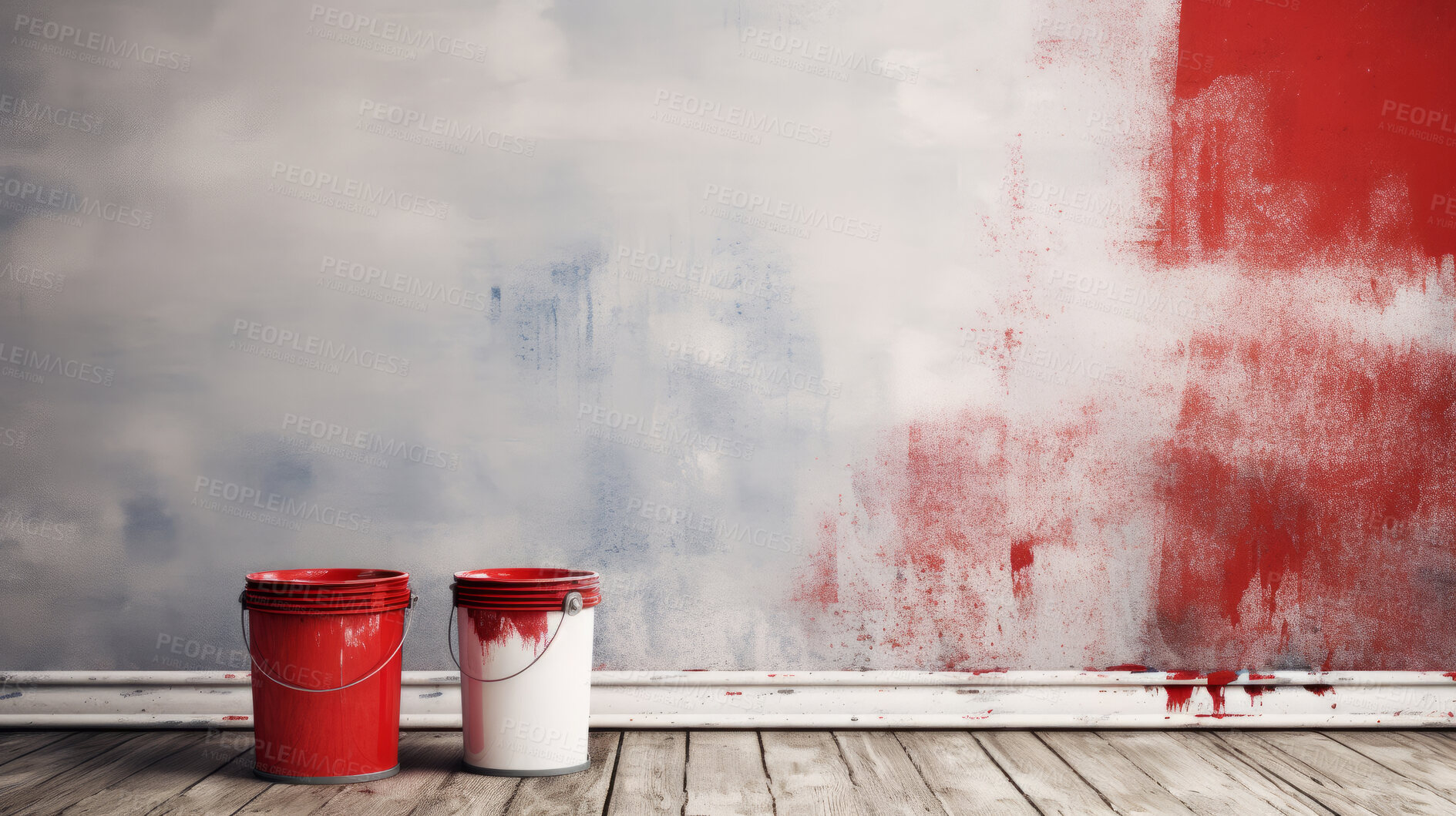 Buy stock photo Opened paint buckets on floor. Unfinished wall . Copy space. DIY concept. Construction concept