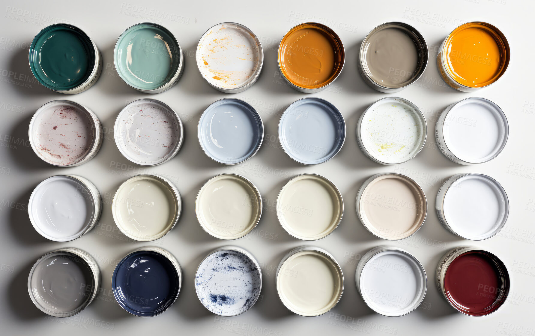 Buy stock photo Top view of open multiple paint tins stacked in rows. Construction, diy concept.