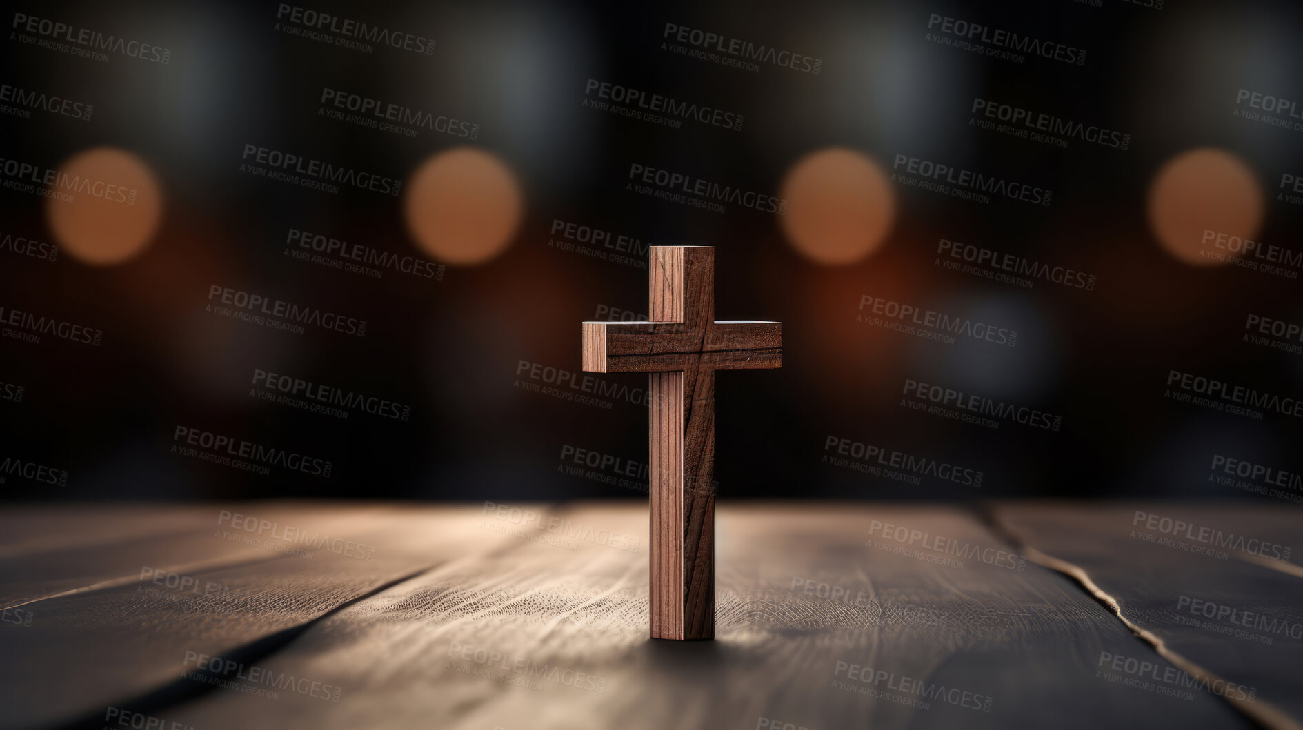 Buy stock photo Close up of small wooden cross on table. Religion and faith concept.