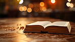 Religious book laying open on outdoor table. Religion and faith concept.