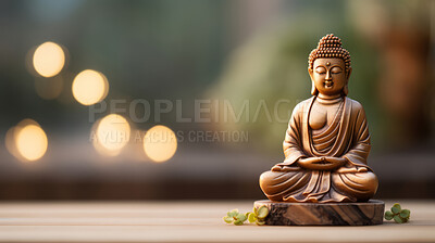 Buy stock photo Close-up of bronze colour buddha on table. Copy space. Meditation, religion concept.