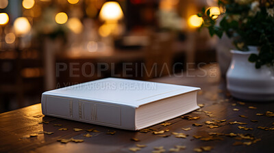 Buy stock photo Religious book laying on outdoor table. Blank cover. Religion and faith concept.