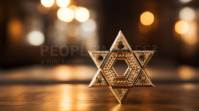 Buy stock photo Close up of star of David on table. Copy space. Religion and faith concept.