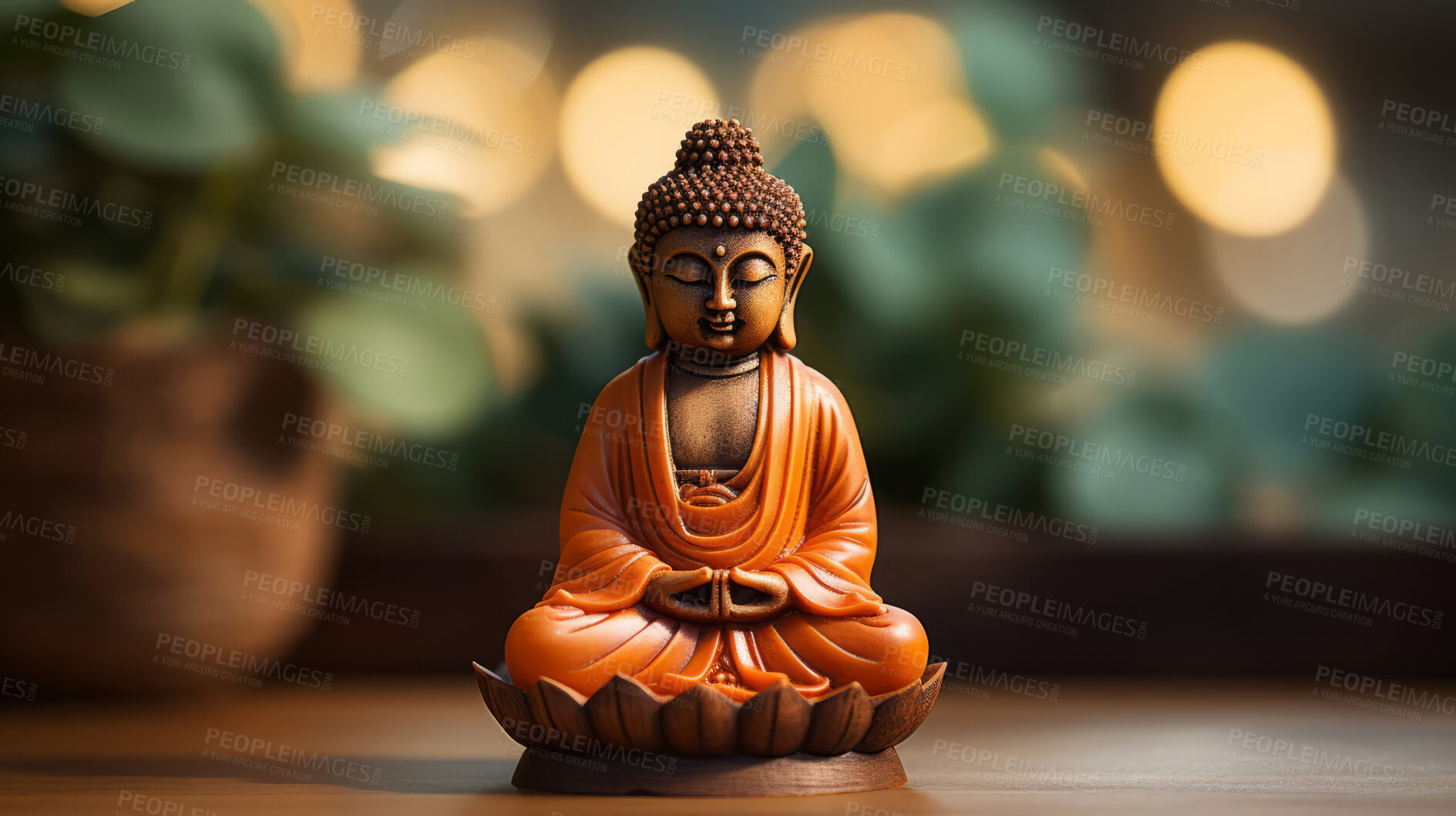 Buy stock photo Close-up of bronze colour buddha on table. Copy space. Meditation, religion concept.