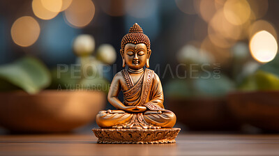 Buy stock photo Close-up of bronze colour buddha on table. Copy space. Meditation, religion concept.