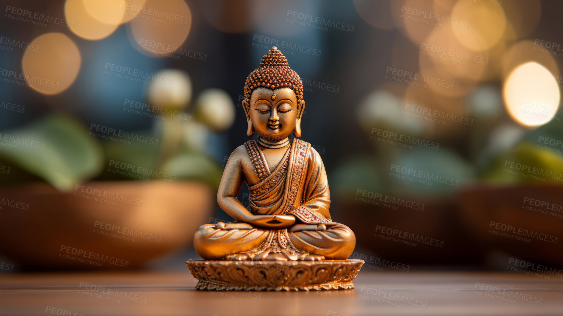 Buy stock photo Close-up of bronze colour buddha on table. Copy space. Meditation, religion concept.