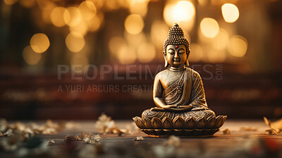 Buy stock photo Close-up of bronze colour buddha on table. Copy space. Meditation, religion concept.