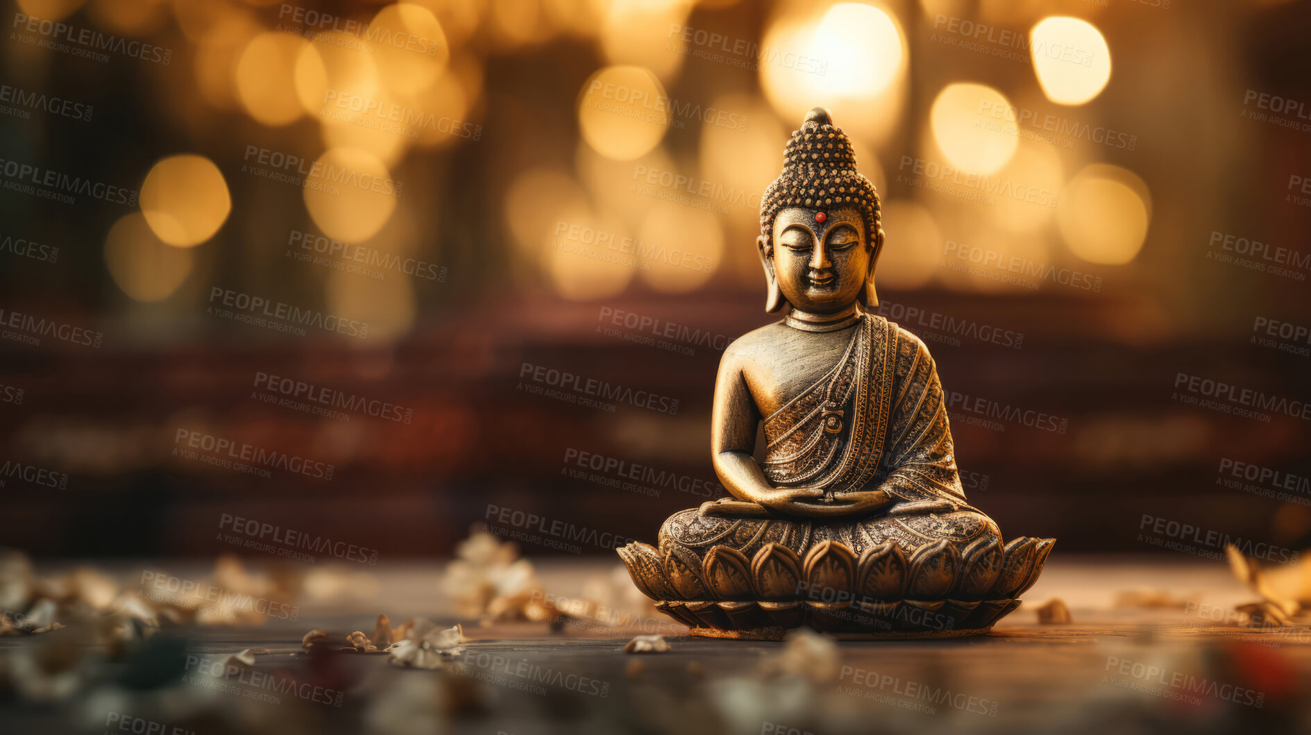 Buy stock photo Close-up of bronze colour buddha on table. Copy space. Meditation, religion concept.