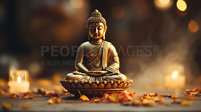 Buy stock photo Close-up of bronze colour buddha on table. Copy space. Meditation, religion concept.