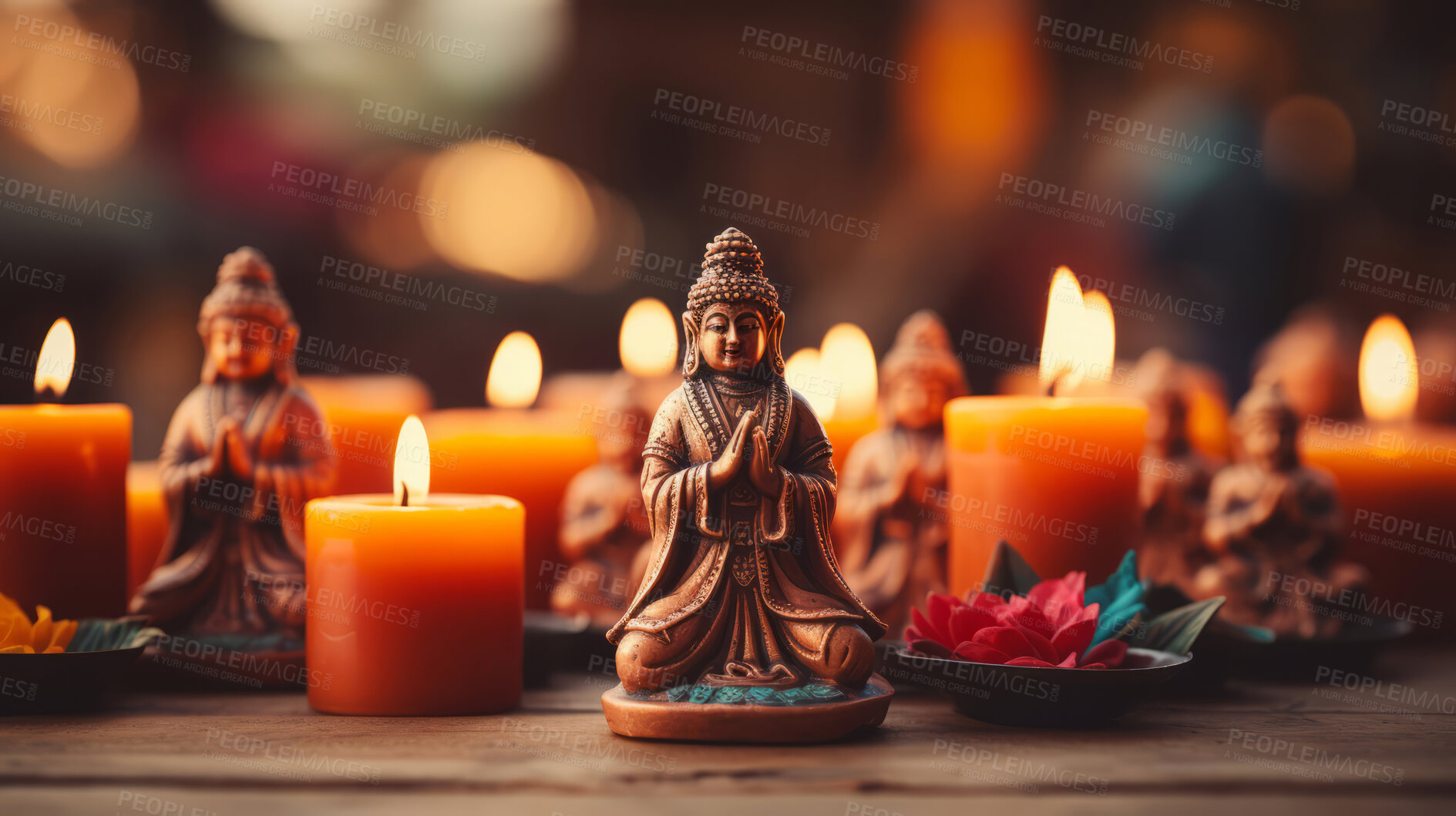 Buy stock photo Close-up of buddha  statues and candles. Meditation, religion concept.