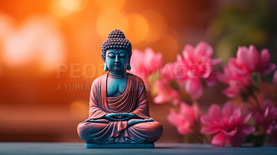 Buy stock photo Close-up of  buddha with vibrant colour and flowers. Meditation, religion concept.