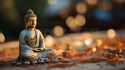 Buy stock photo Close-up of bronze colour buddha on table. Copy space. Meditation, religion concept.