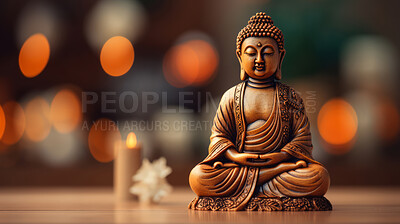 Buy stock photo Close-up of bronze colour buddha on table. Copy space. Meditation, religion concept.