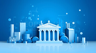 Buy stock photo 3d illustration of bank, graphs collage. Financial and stock market concept.