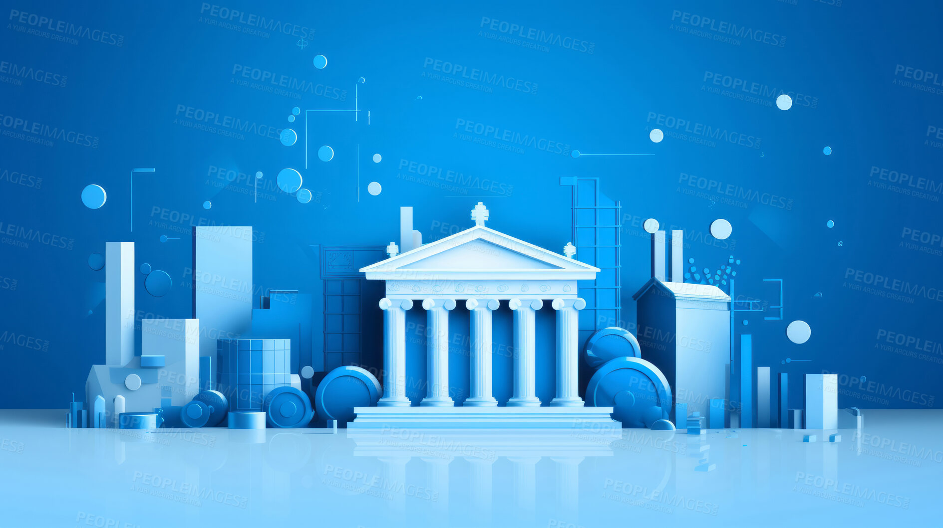 Buy stock photo 3d illustration of bank, graphs collage. Financial and stock market concept.