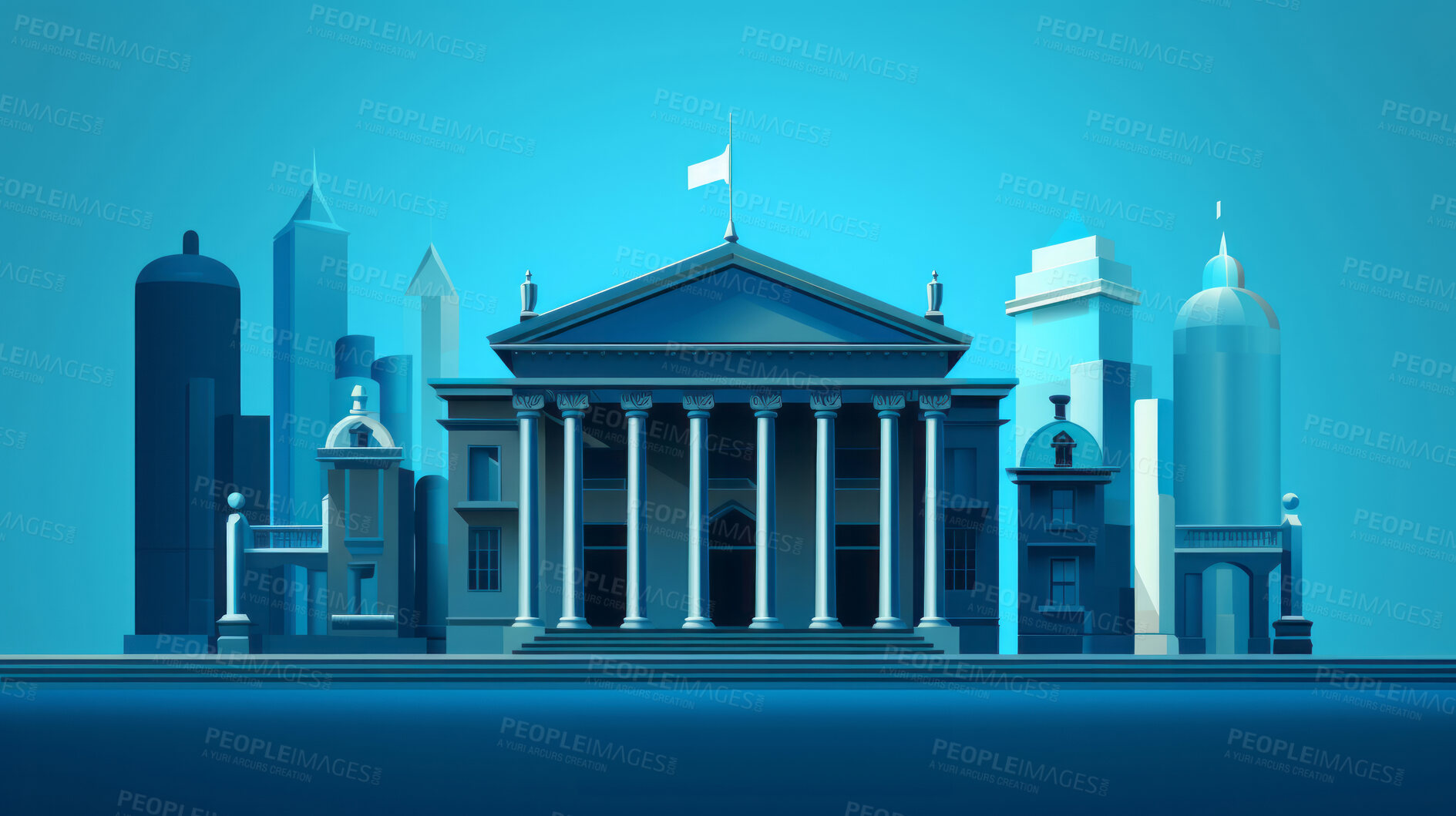 Buy stock photo Illustration of bank, graphs collage. Financial and stock market concept.