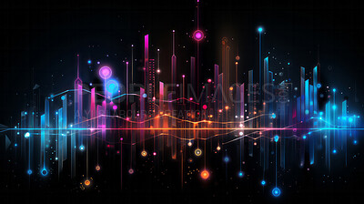 Buy stock photo Colourful, digital financial graphs with particles. Stock market concept.