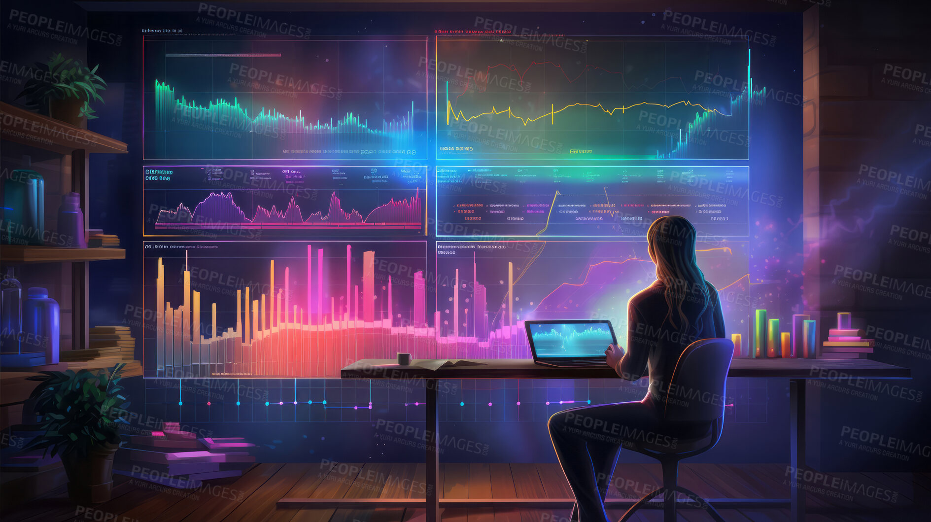 Buy stock photo Colourful graphic illustration. Analyst with large graphs on screen. Stock market concept.
