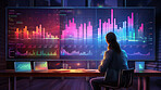 Colourful graphic illustration. Analyst with large graphs on screen. Stock market concept.