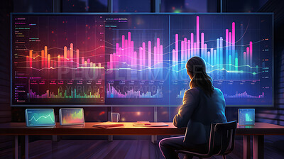 Buy stock photo Colourful graphic illustration. Analyst with large graphs on screen. Stock market concept.