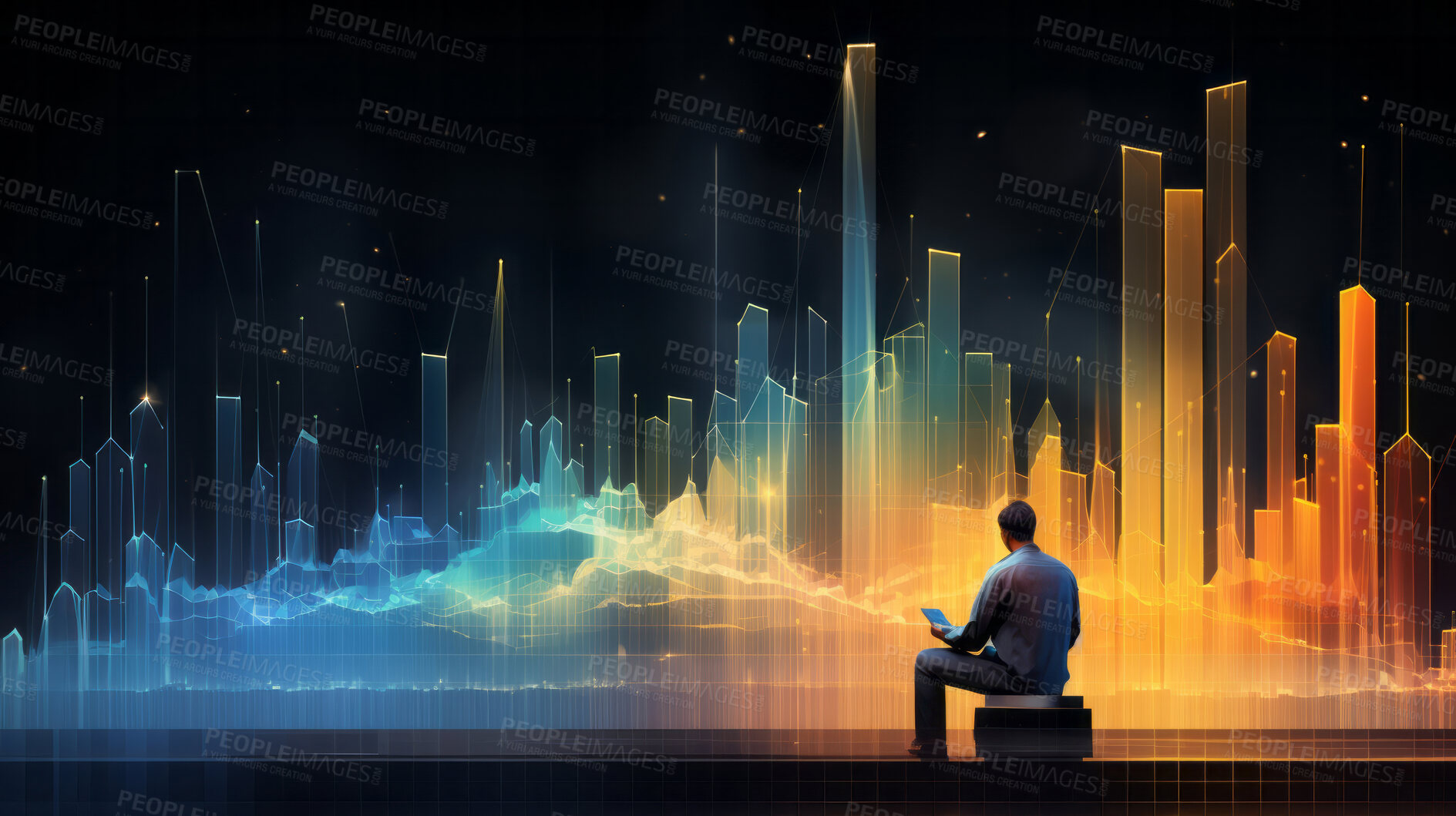 Buy stock photo Colourful graphic illustration. Analyst with large graphs on screen. Stock market concept.