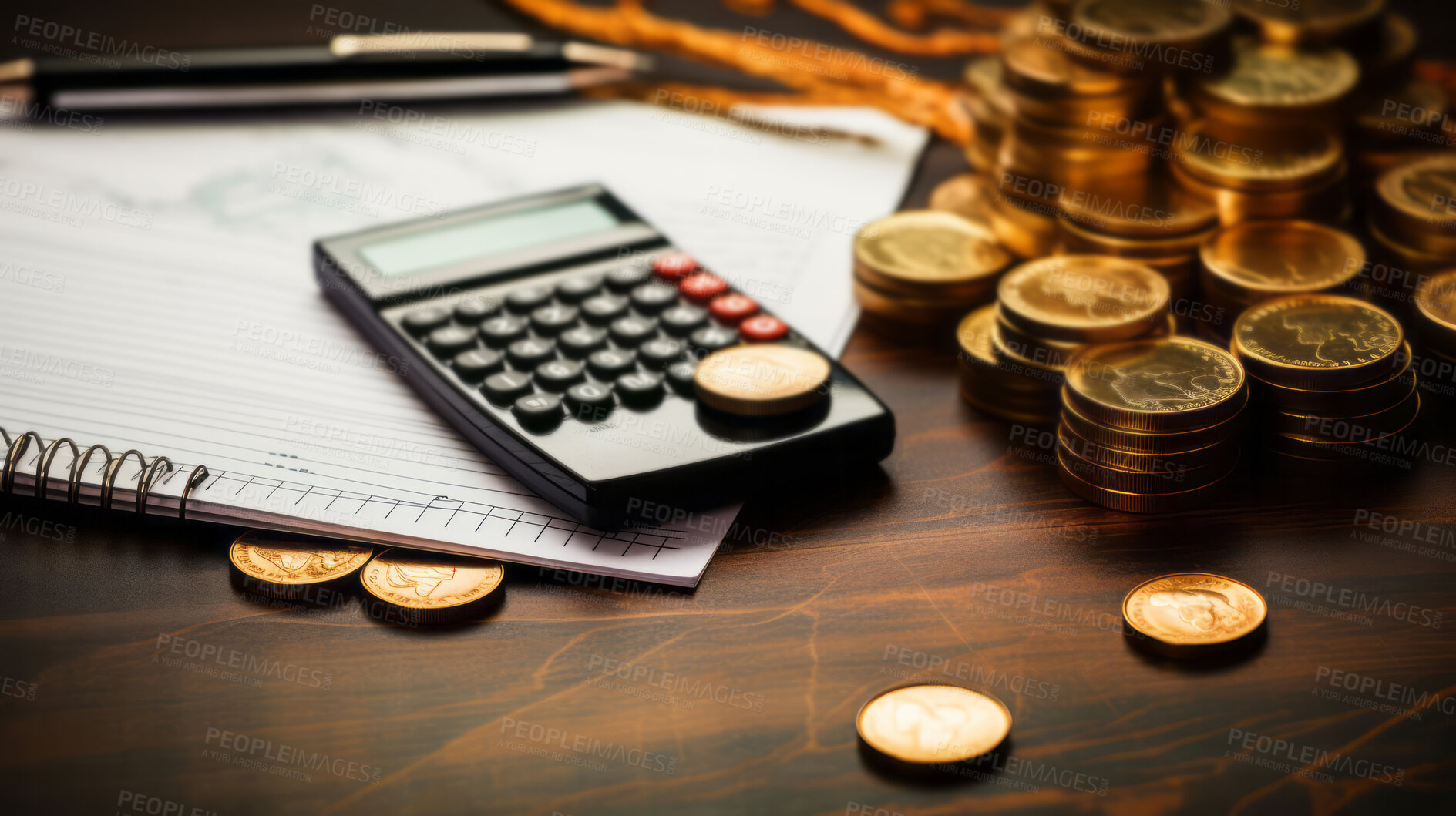 Buy stock photo Gold coins on table with documents and calculator. Stock market concept.