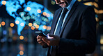 Businessman holding smartphone. Stock trade, financial concept.