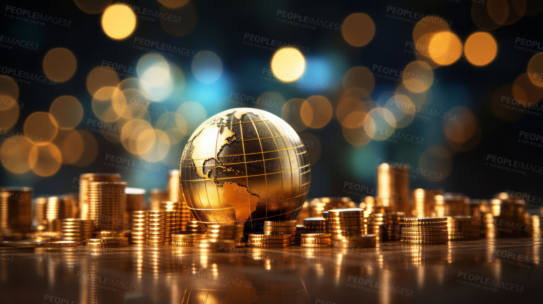 Buy stock photo Close up of gold coins on table.3d gold globe. Stock market financial concept.