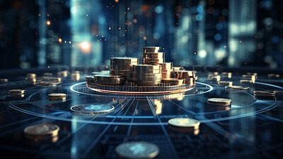 Buy stock photo Close up of gold coins on table.3d render. Stock market financial concept.