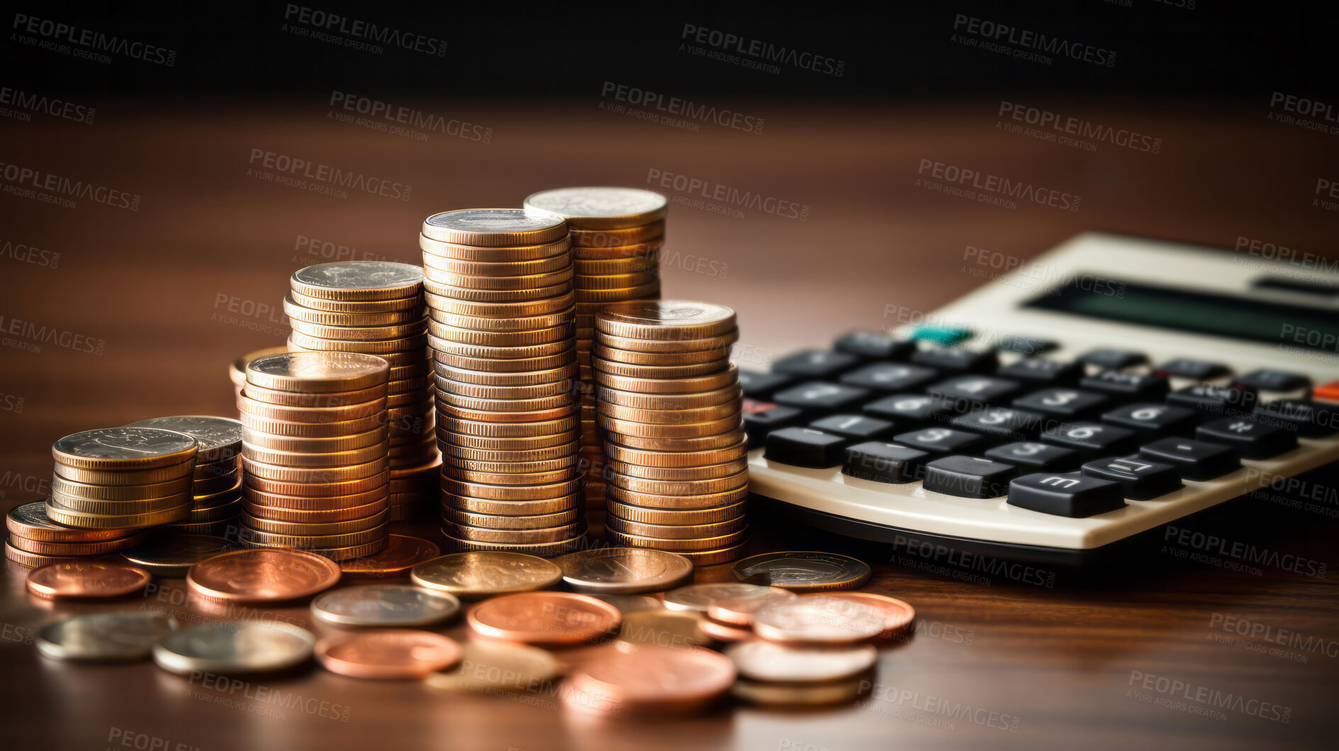 Buy stock photo Coins on table with calculator. Stock, financial market concept.