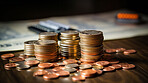 Coins on table with documents. Stock, financial market concept.