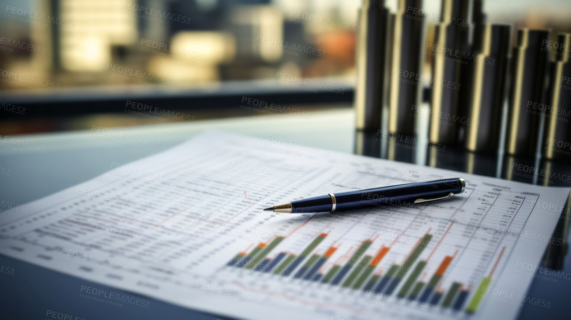 Buy stock photo Pen on office table with financial documents. Office background. Stock market concept.