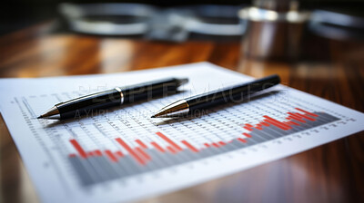 Buy stock photo Pen on office table with financial documents. Office background. Stock market concept.