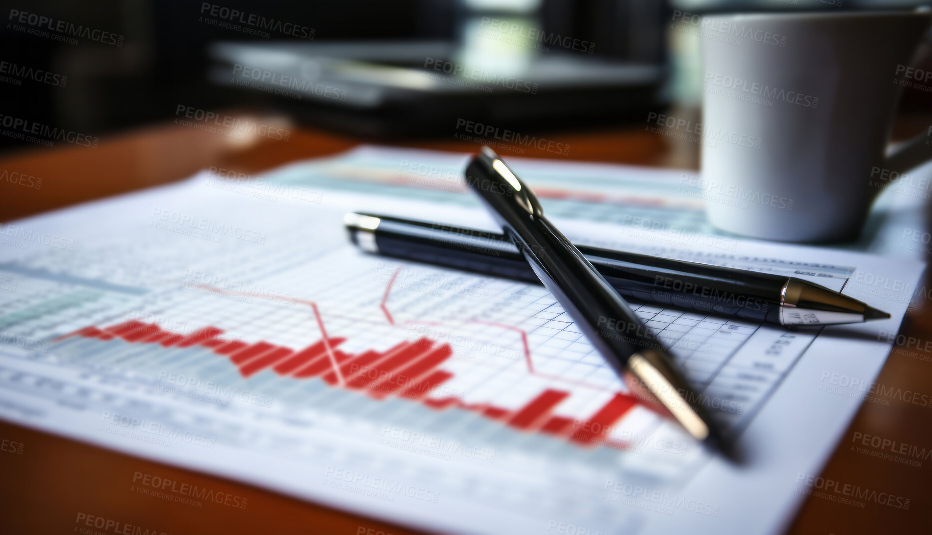Buy stock photo Pen on office table with financial documents. Office background. Stock market concept.