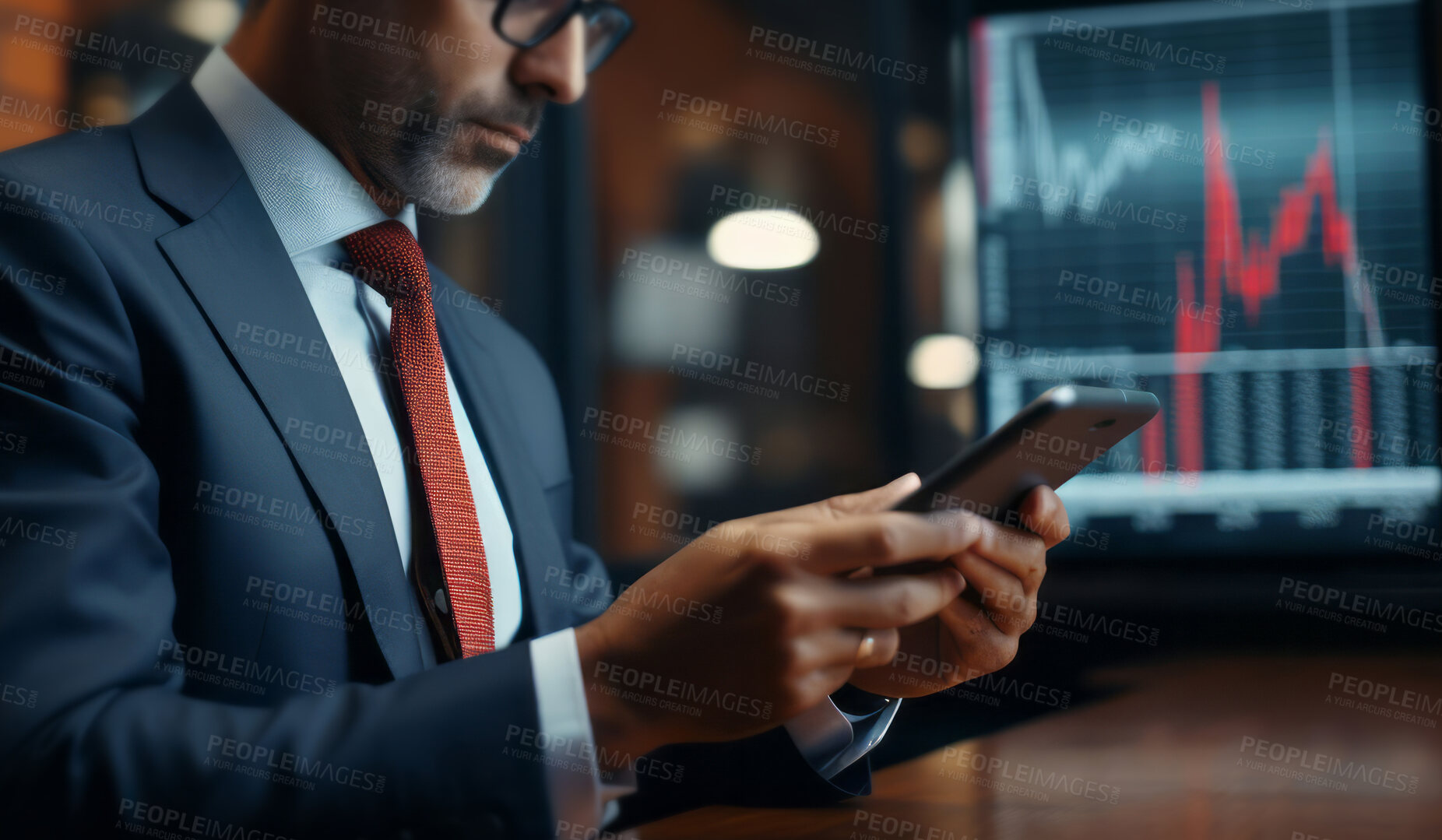 Buy stock photo Businessman holding smartphone. Stock trade, financial concept.
