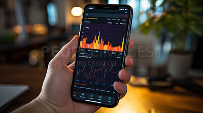 Buy stock photo Point of view shot, hand holding smartphone.Finance, stock market concept.