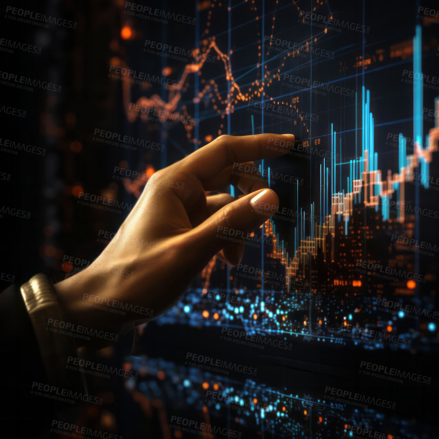 Buy stock photo Hand touching screen with stock market graphs. Financial concept.