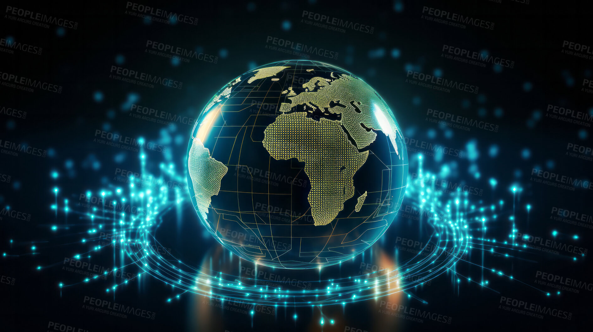 Buy stock photo 3d Render of globe. African and European continent. Connecting lines and dots.