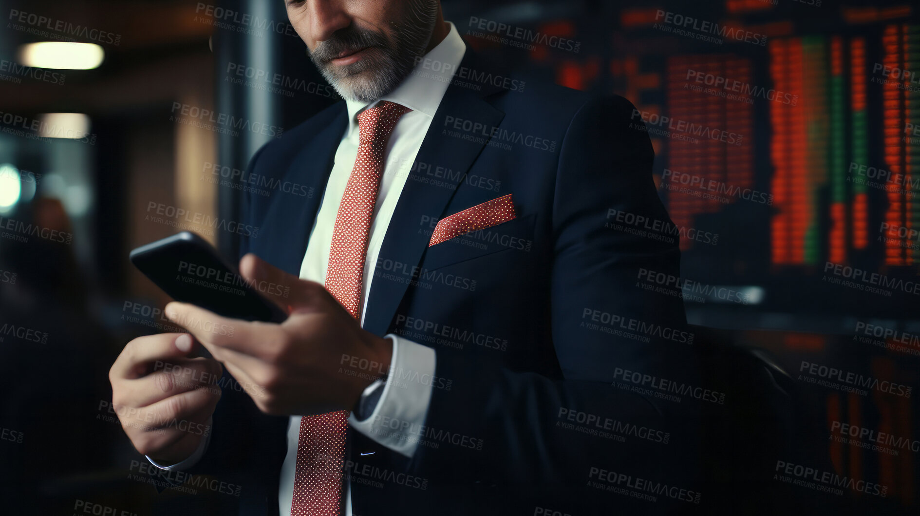 Buy stock photo Businessman holding smartphone. Stock trade, financial concept.