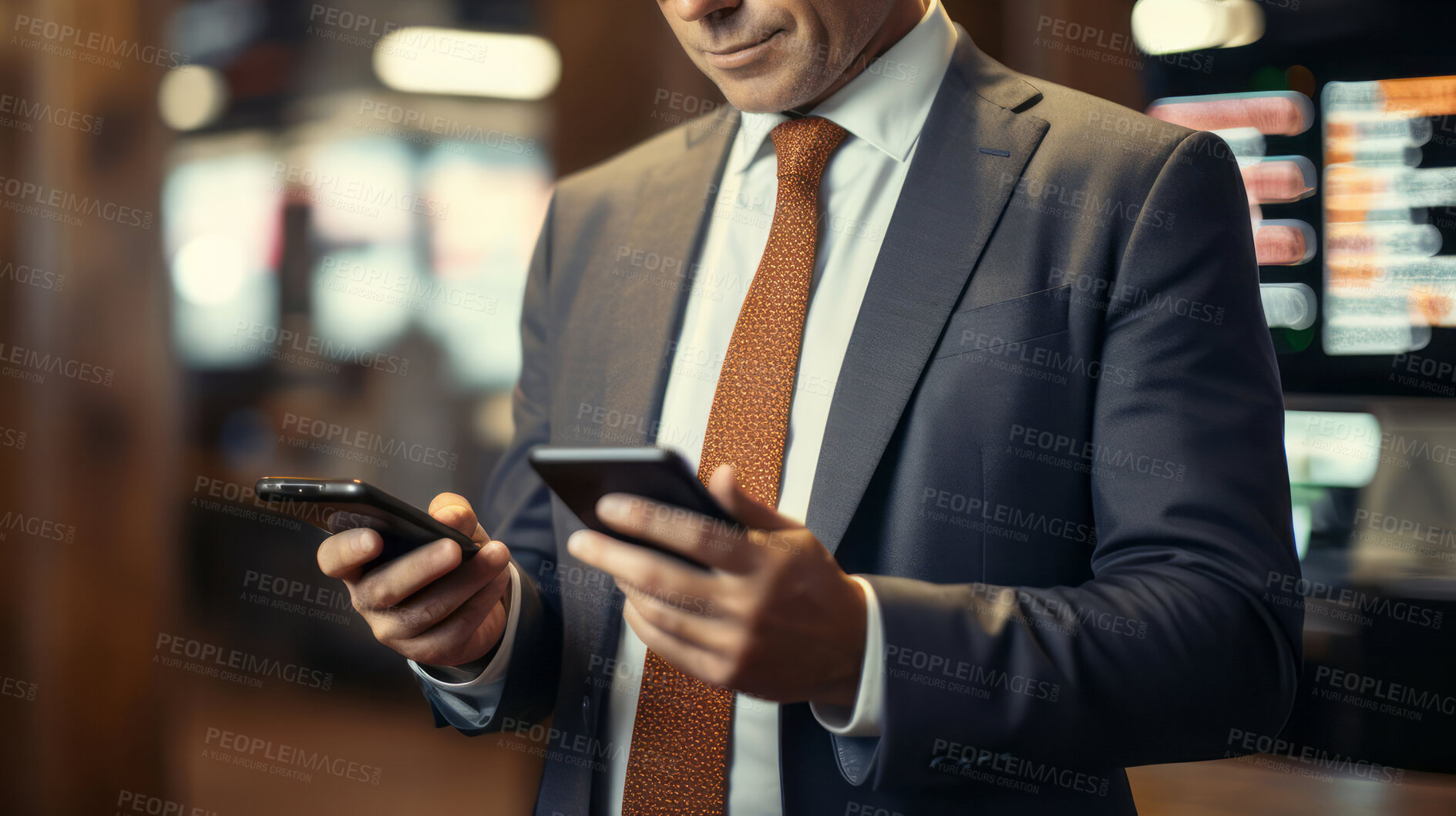 Buy stock photo Businessman holding smartphone. Stock trade, financial concept.
