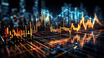 Abstract digital illustration of financial graph. City backdrop. Stock market concept.