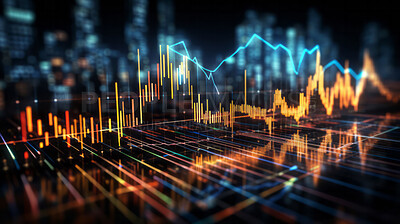 Buy stock photo Abstract digital illustration of financial graph. City backdrop. Stock market concept.