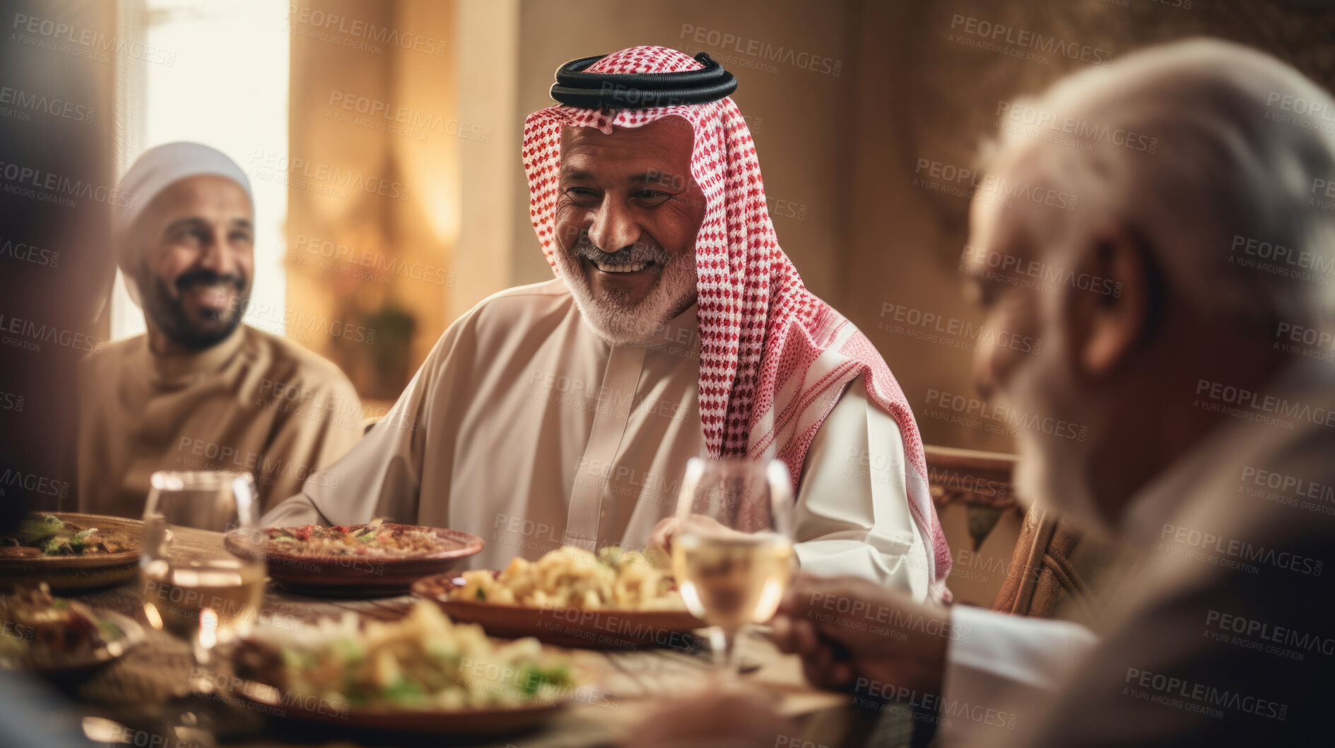 Buy stock photo Arab friends and family at dinner party. Active holiday fun, bonding and retirement