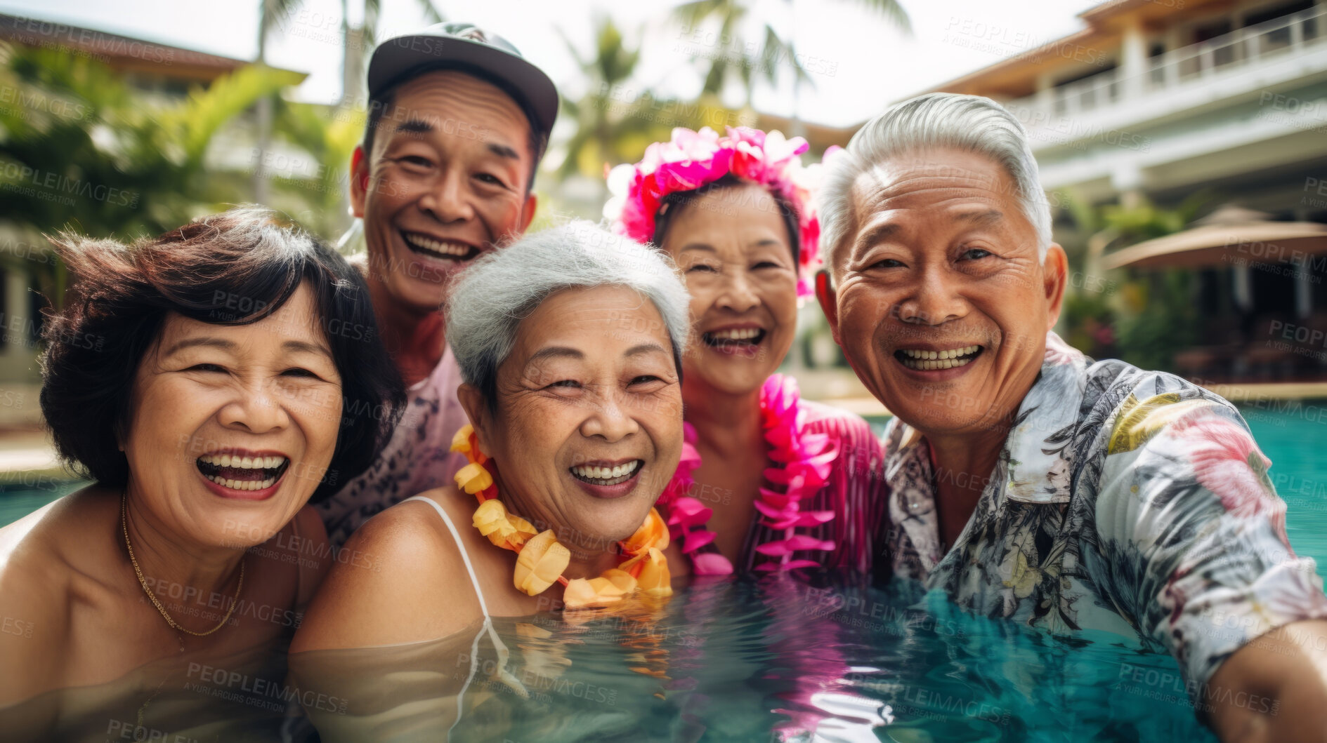 Buy stock photo Senior friends in swimming pool. Active holiday fun, fitness and longevity