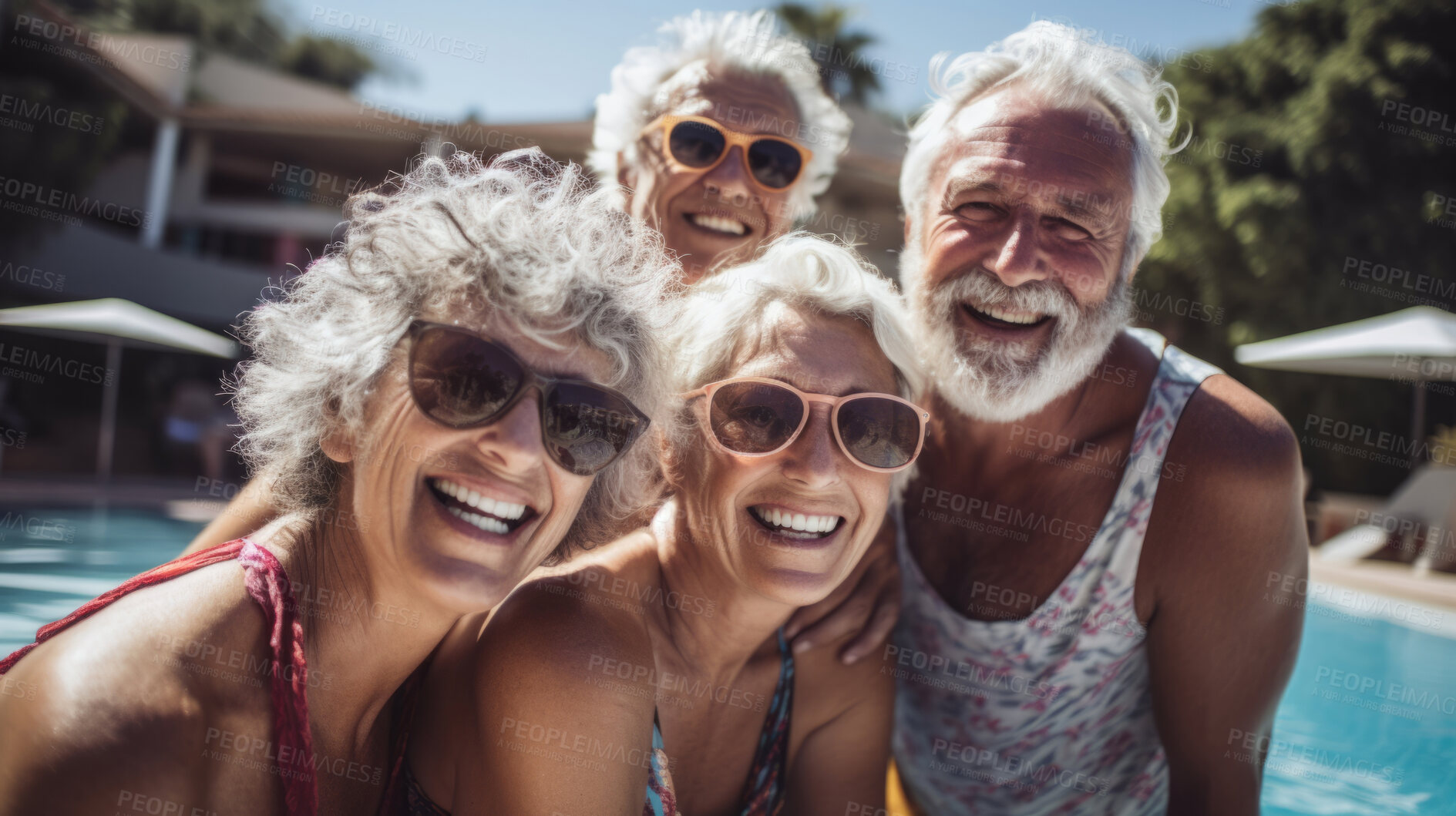 Buy stock photo Senior friends in swimming pool. Active holiday fun, fitness and longevity