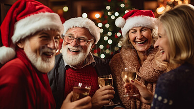 Buy stock photo Senior friends and family at Christmas party. Active holiday fun, bonding and retirement