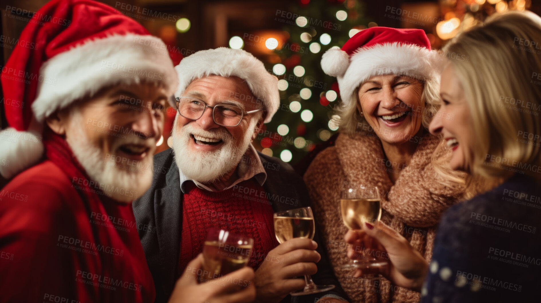 Buy stock photo Senior friends and family at Christmas party. Active holiday fun, bonding and retirement